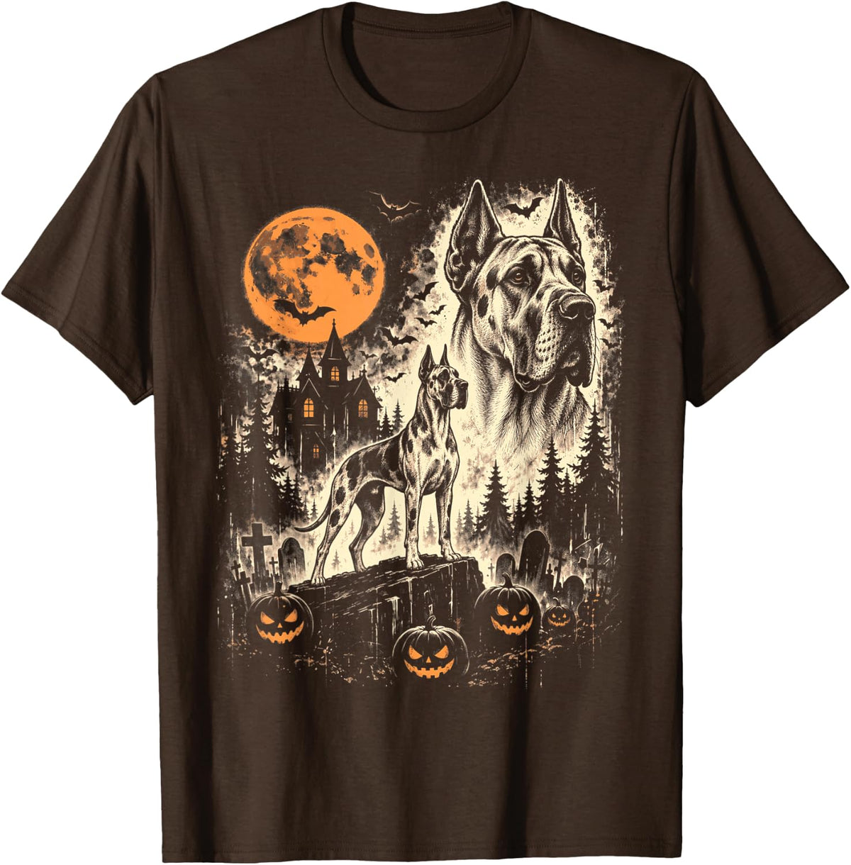 Halloween Great Dane Spooky Moon Graveyard Pumpkin Dog T-Shirt - Brown