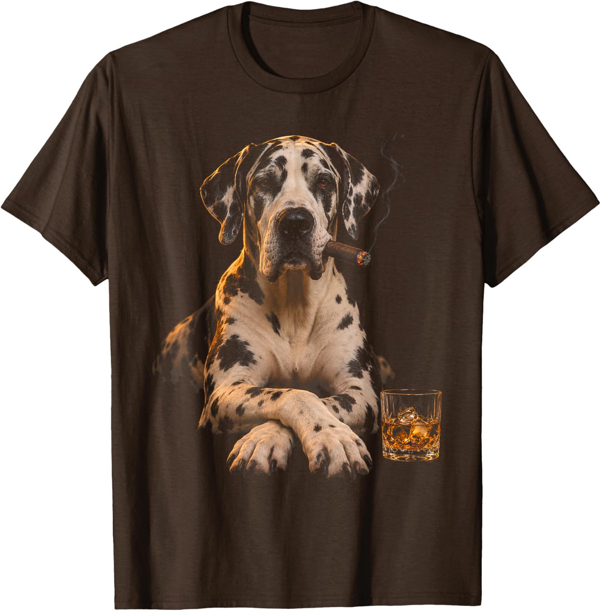 Great Dane Dog Smoking Cigar Whiskey Lover Funny Dog T-Shirt - Brown