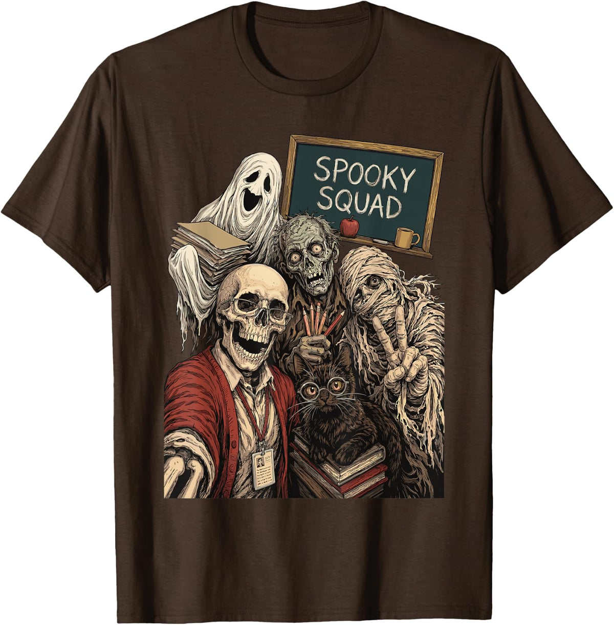 Halloween Teacher Crew Spooky Skeleton School Staff Squad T-Shirt - Brown