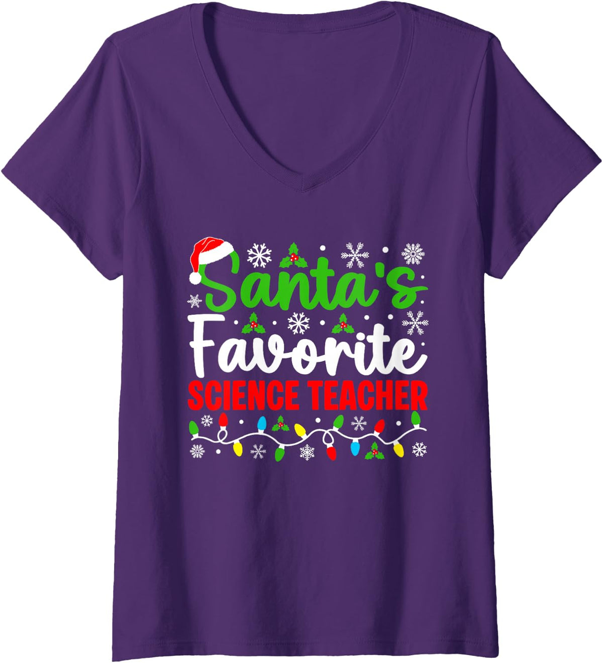 Women's Santa's Favorite Science Teacher Funny Christmas V-Neck T-Shirt - Purple