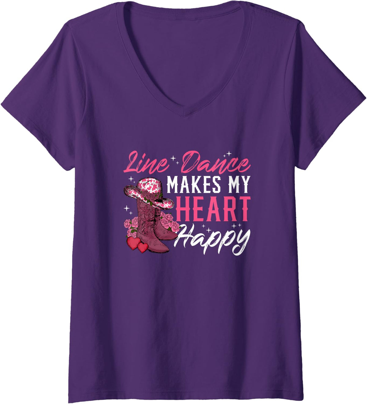 Womens Line Dance Makes My Heart Happy Line Dancer Line Dancing V-Neck T-Shirt - Purple