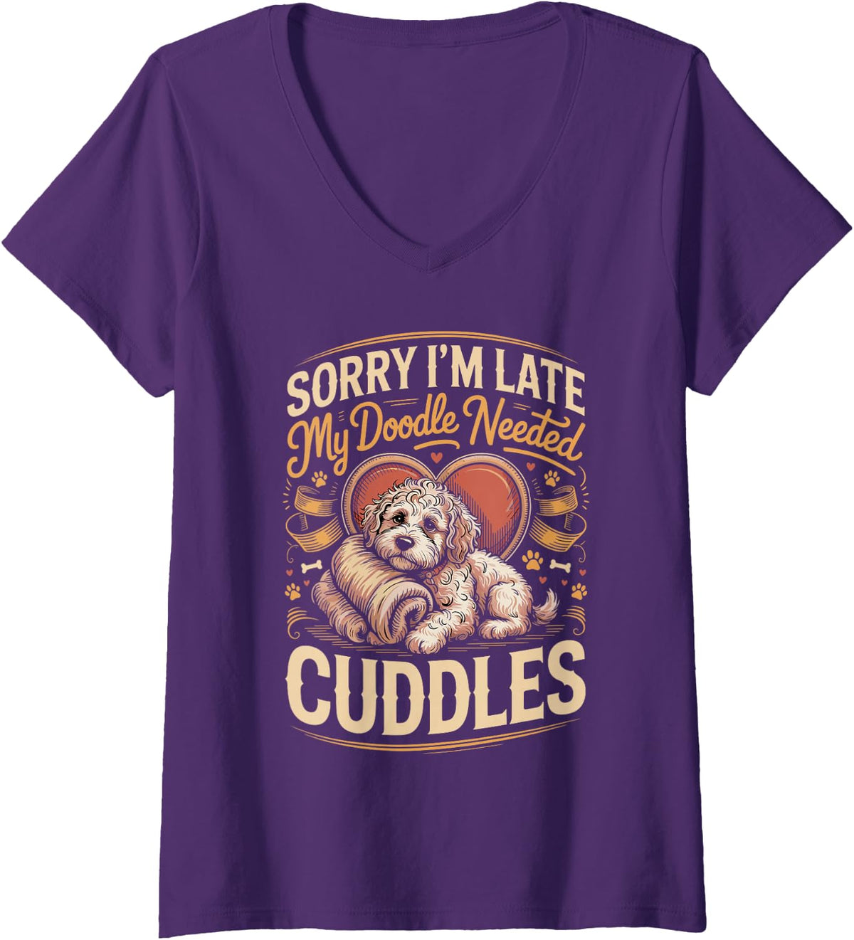 Women's Sorry I'm Late My Doodle Needed Cuddles Labradoodle V-Neck T-Shirt - Purple