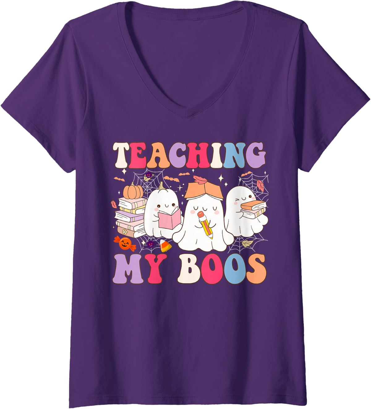 Women's Teaching My Boos Teacher Cute Ghost Groovy Teacher Halloween V-Neck T-Shirt - Purple