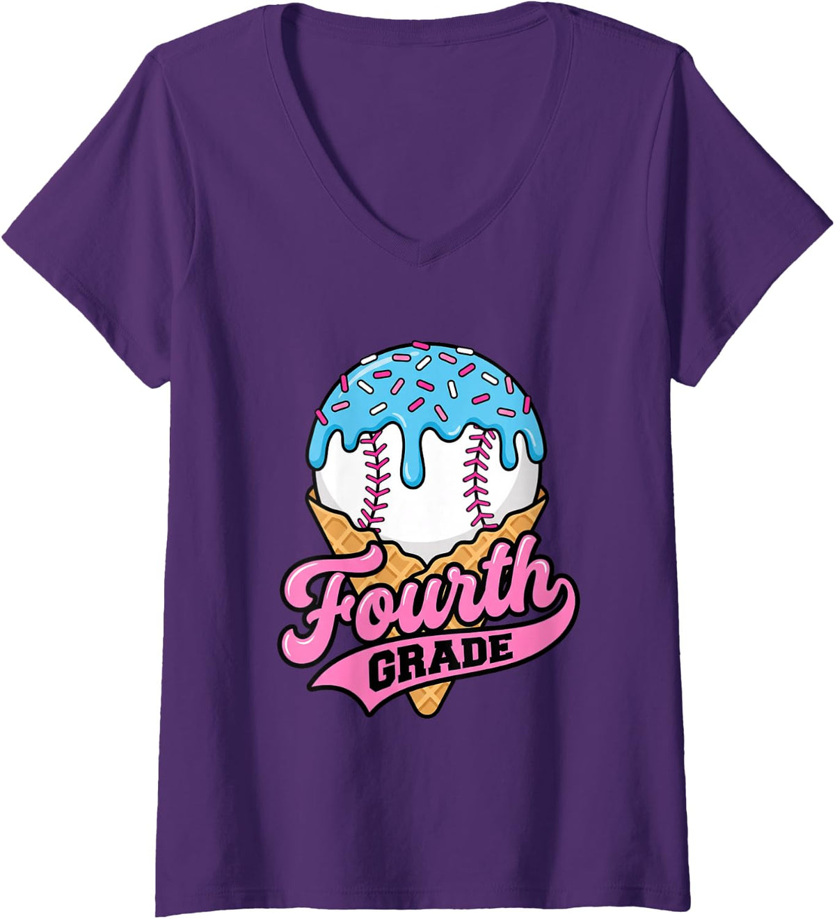 Women's Fourth Grade Ice Cream Baseball Back to School Student V-Neck T-Shirt - Purple