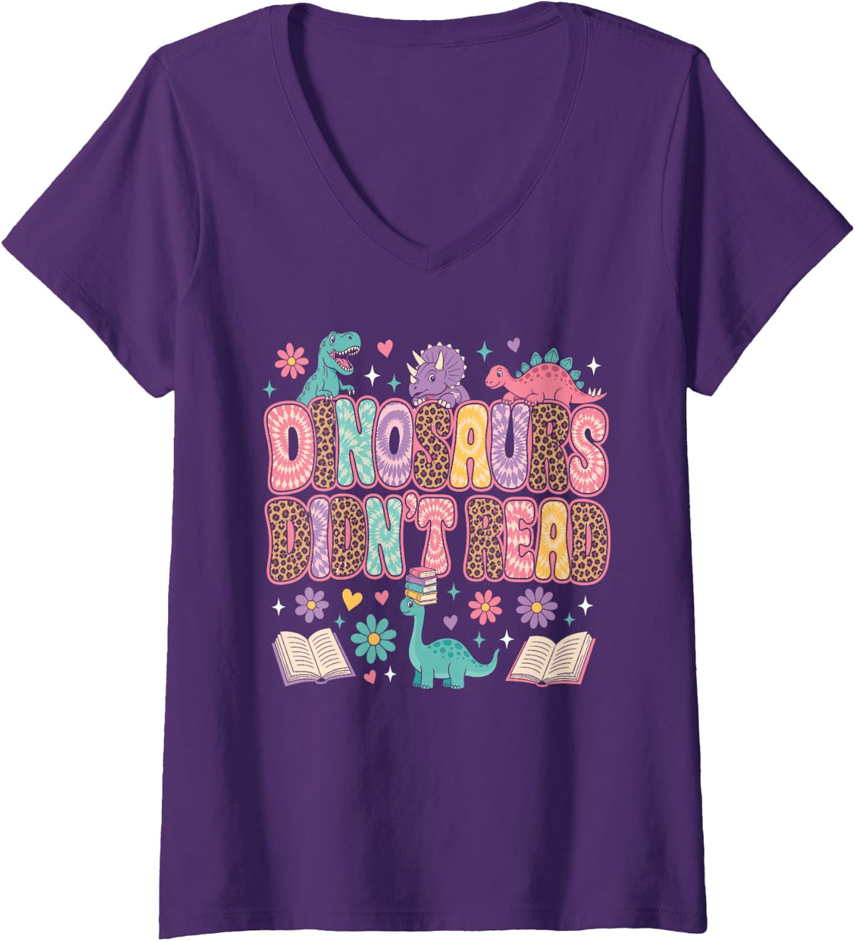 Women's Dinosaurs Didnt Read Groovy Reading Teacher Women V-Neck T-Shirt - Purple