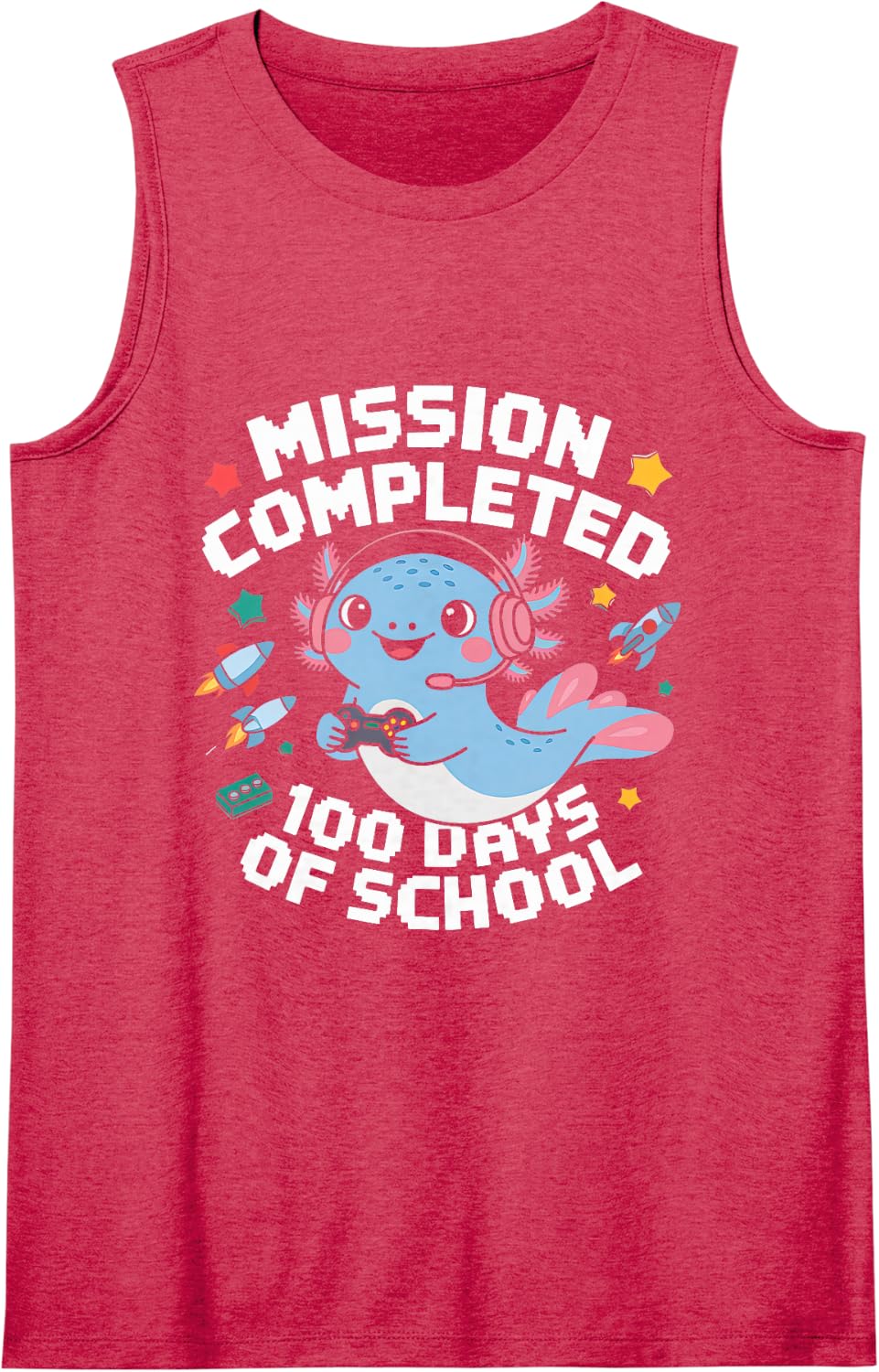 100 Days of School Boys 100th Day of School Gamer Axolotl Sleeveless Tank Top - Red