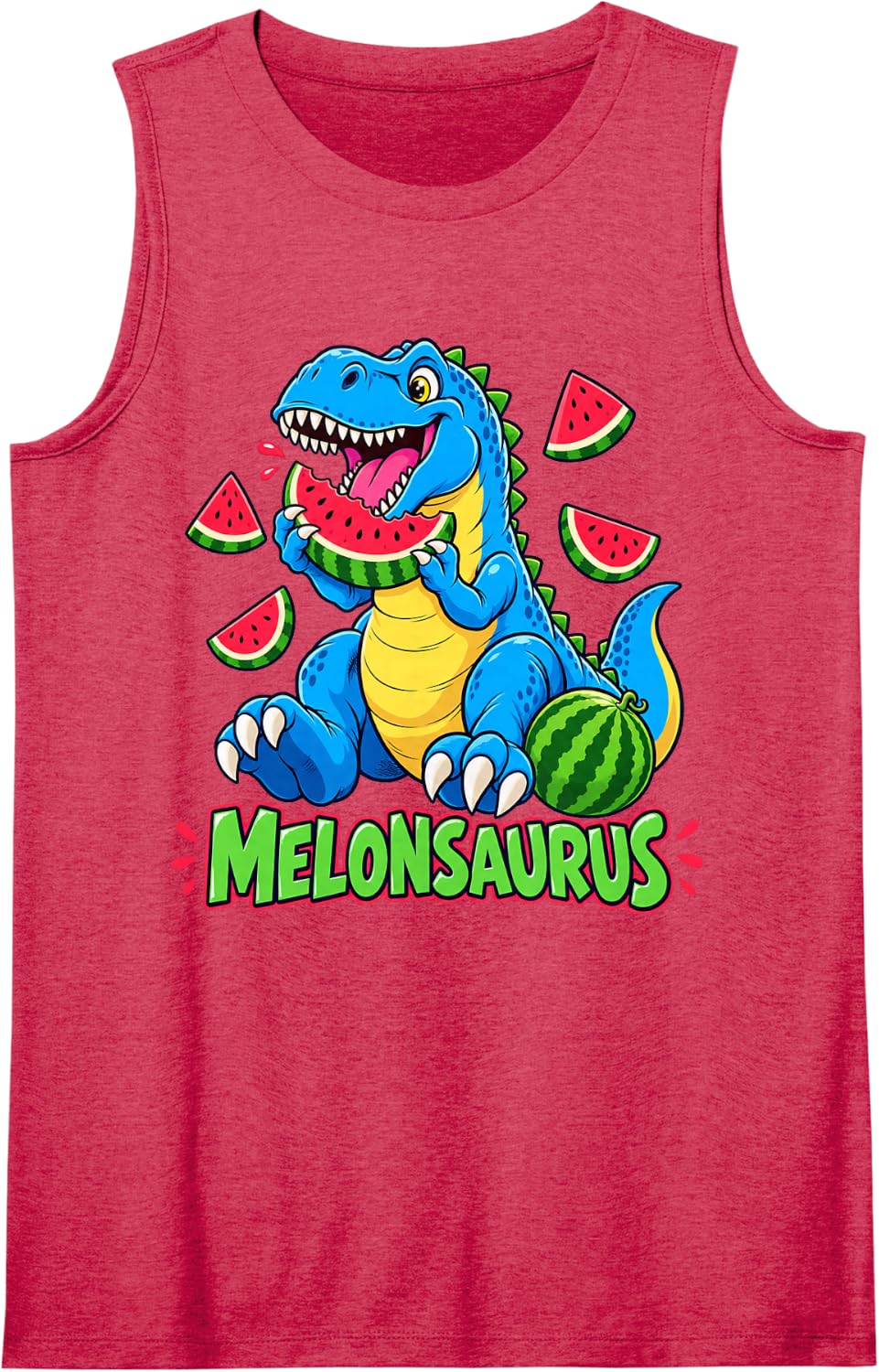 Melonsaurus T-Rex Dinosaur Eating Watermelon Sleeveless Tank Top - Red