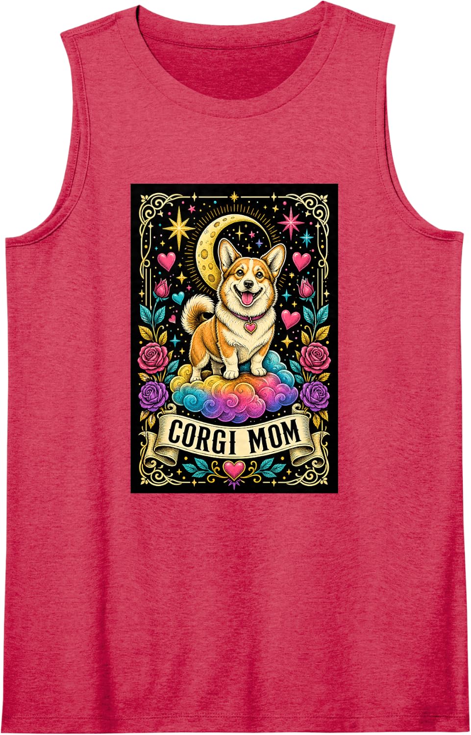 Corgi Mom Moon Rainbow Tarot Card Dog Lover Sleeveless Tank Top - Red