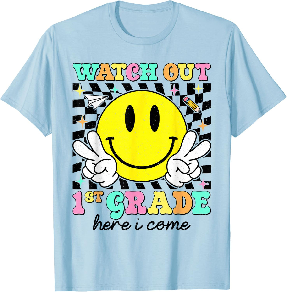 Back to School First Day Watch Out 1st Grade Here I Come T-Shirt - Baby Blue