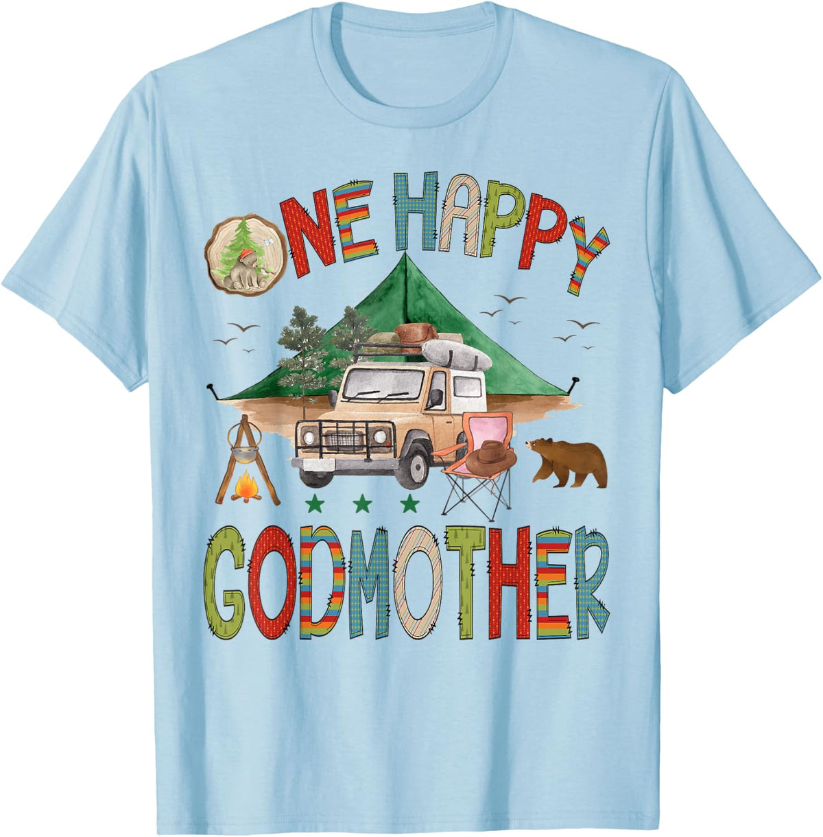 One Happy Godmother Camper 1st Birthday Boy Bear Camping T-Shirt - Baby Blue
