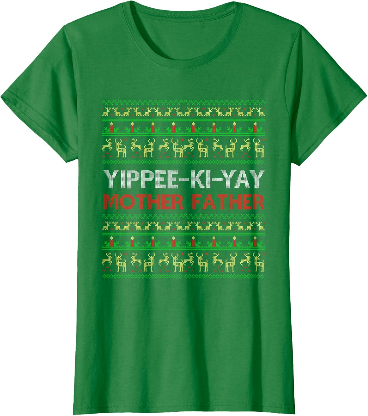 "Yippee-Ki-Yay" Funny Christmas Style Cross Stitch T-Shirt - Kelly Green