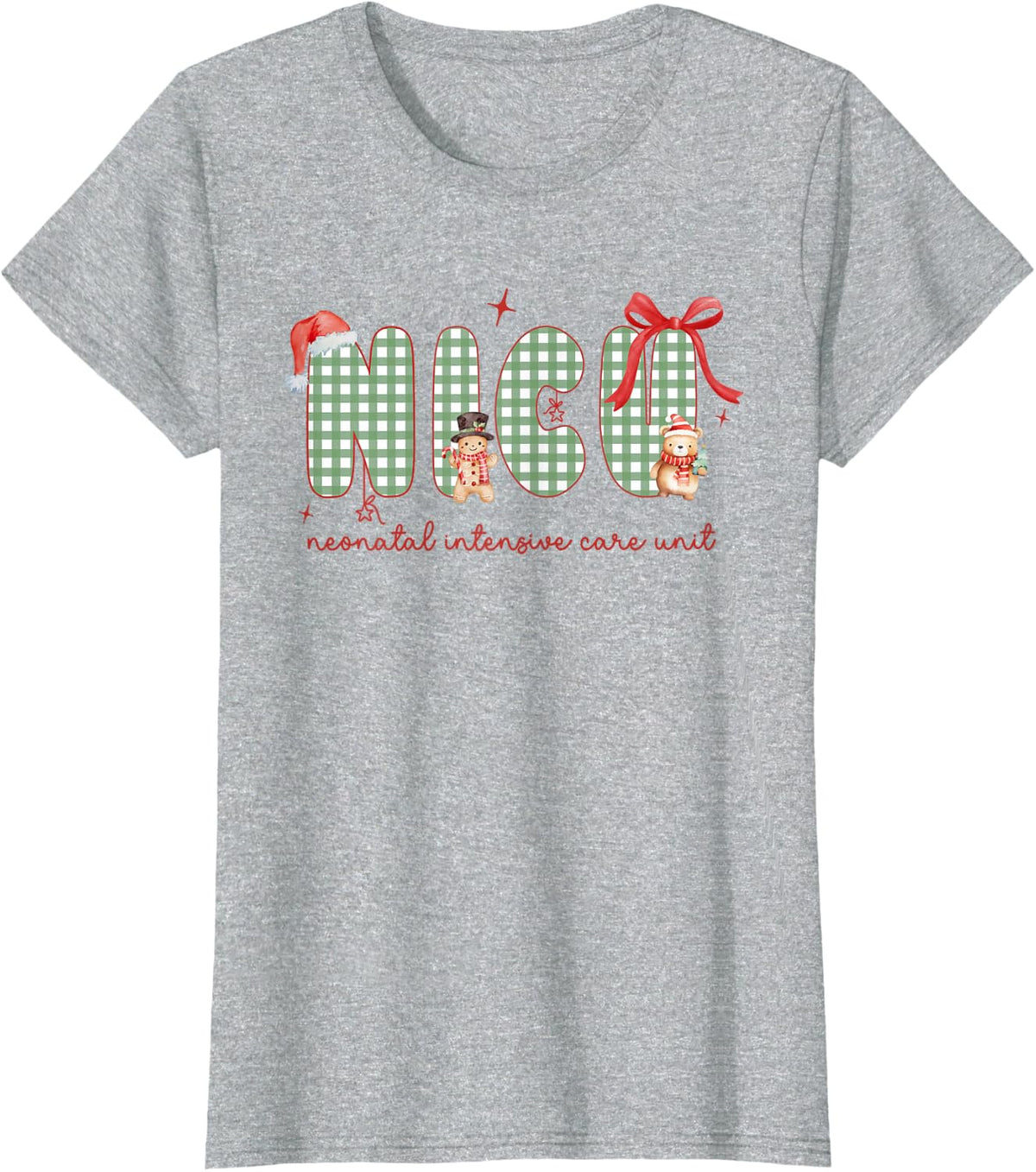 NICU Nurse Christmas T-Shirt Newborn Neonatal ICU Holiday Tees for Women Men - Heather Grey