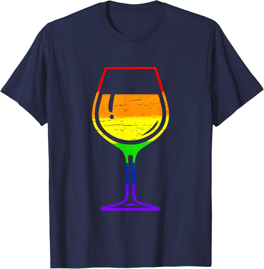 Wine Glass Rainbow Gay Pride LGBT Flag Pride Month Lesbian T-Shirt - Navy Blue