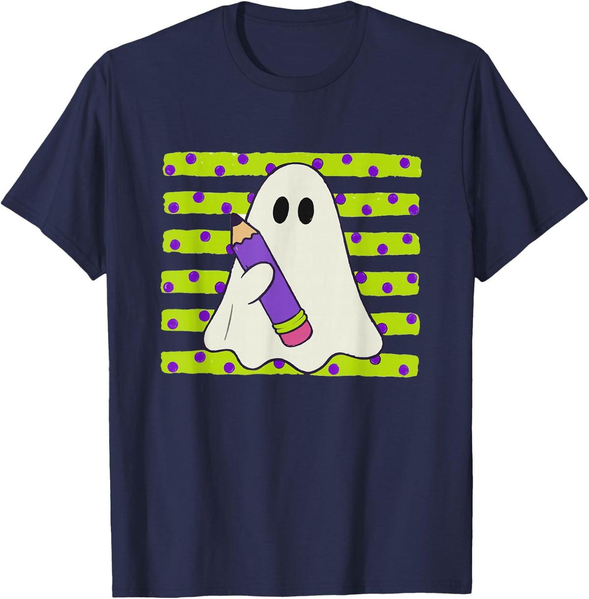 Halloween Teacher Striped Fall Spooky Ghost Pencil T-Shirt - Navy Blue