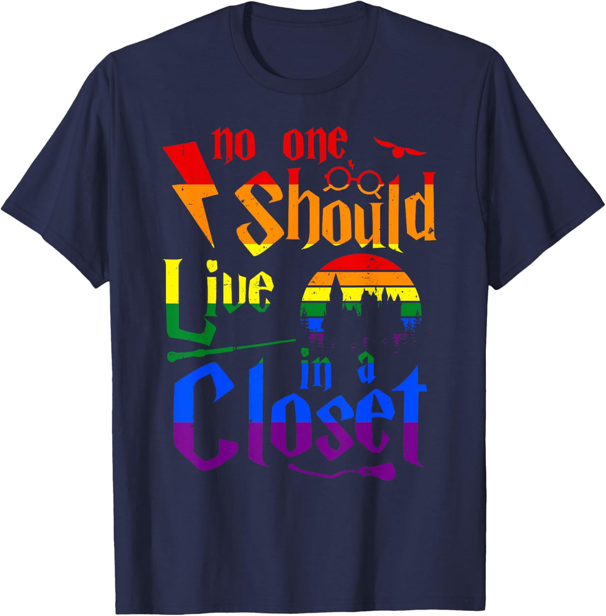 LGBT Gay Pride Rainbow No One Should Live In A Closet Tshirt T-Shirt - Navy Blue