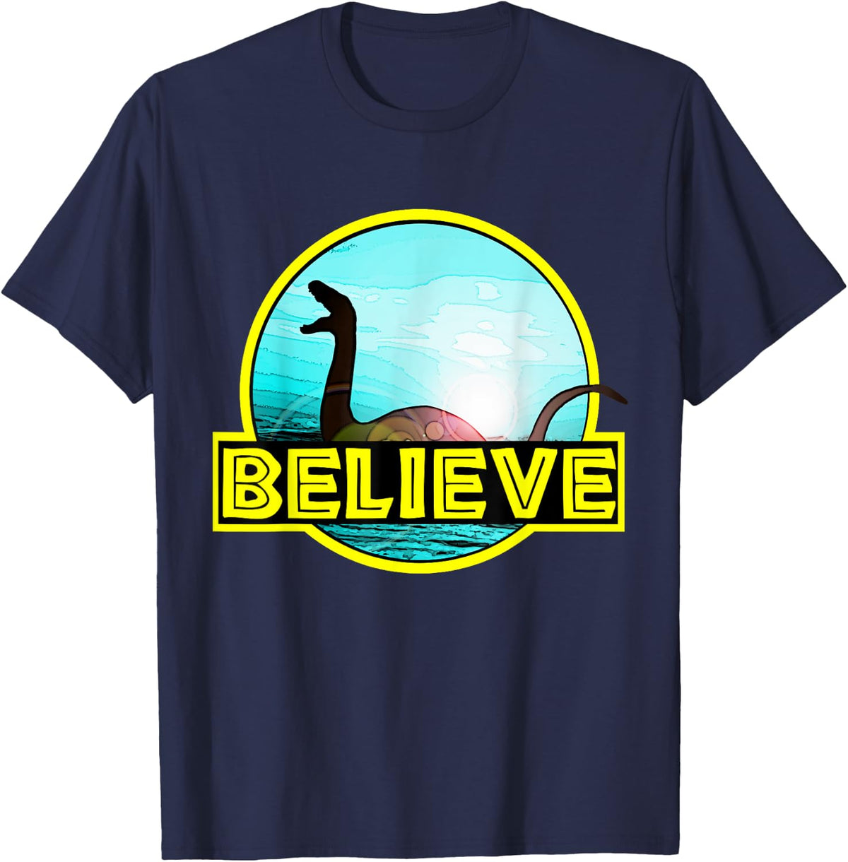 Believe Sea Monsters Ocean Plesiosaur Dinosaur Nessie Champ T-Shirt - Navy Blue