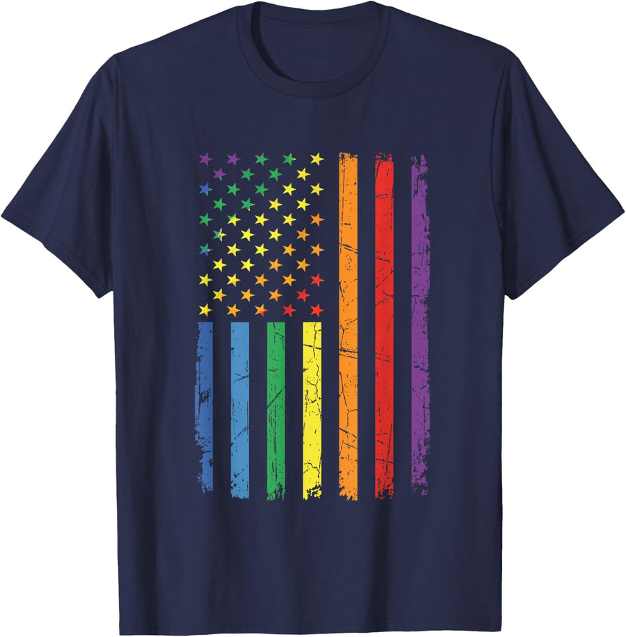 Rainbow US American Flag LGBTQ Gay Pride Month Men Women Kid T-Shirt - Navy Blue
