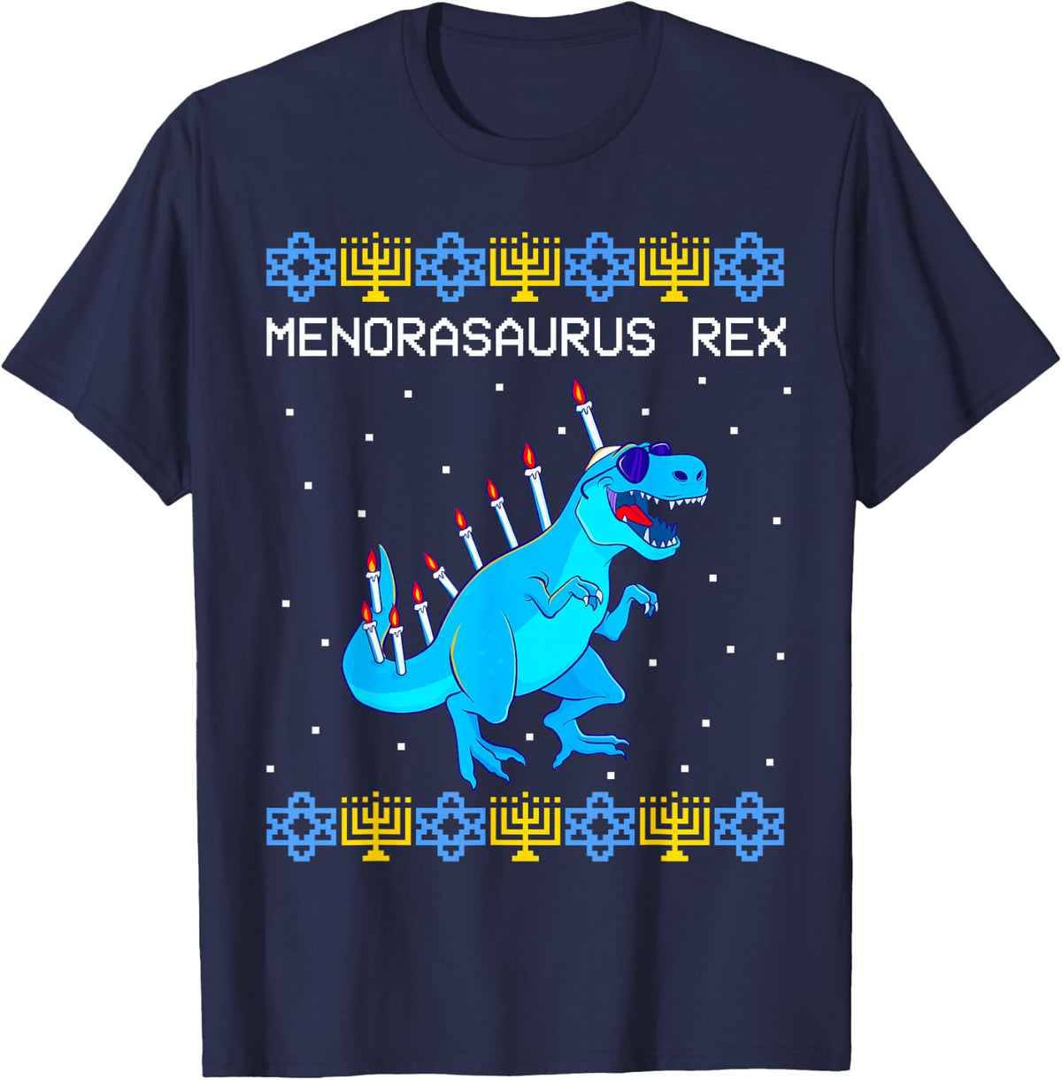 Menorasaurus Rex Ugly Hanukkah Dinosaur T Rex Dino T-Shirt - Navy Blue