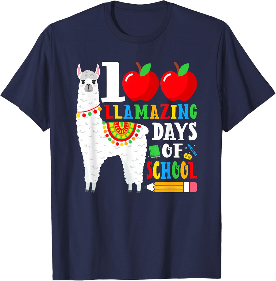 100 Llamazing Days of School 100th Day of School Llama T-Shirt - Navy Blue
