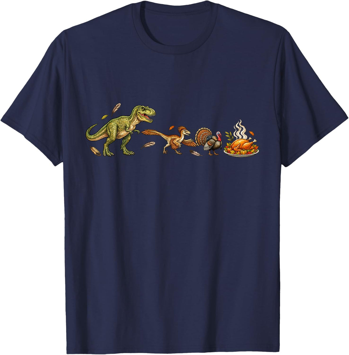 Funny Turkey Dinosaur Evolution Thanksgiving Paleontology T-Shirt - Navy Blue