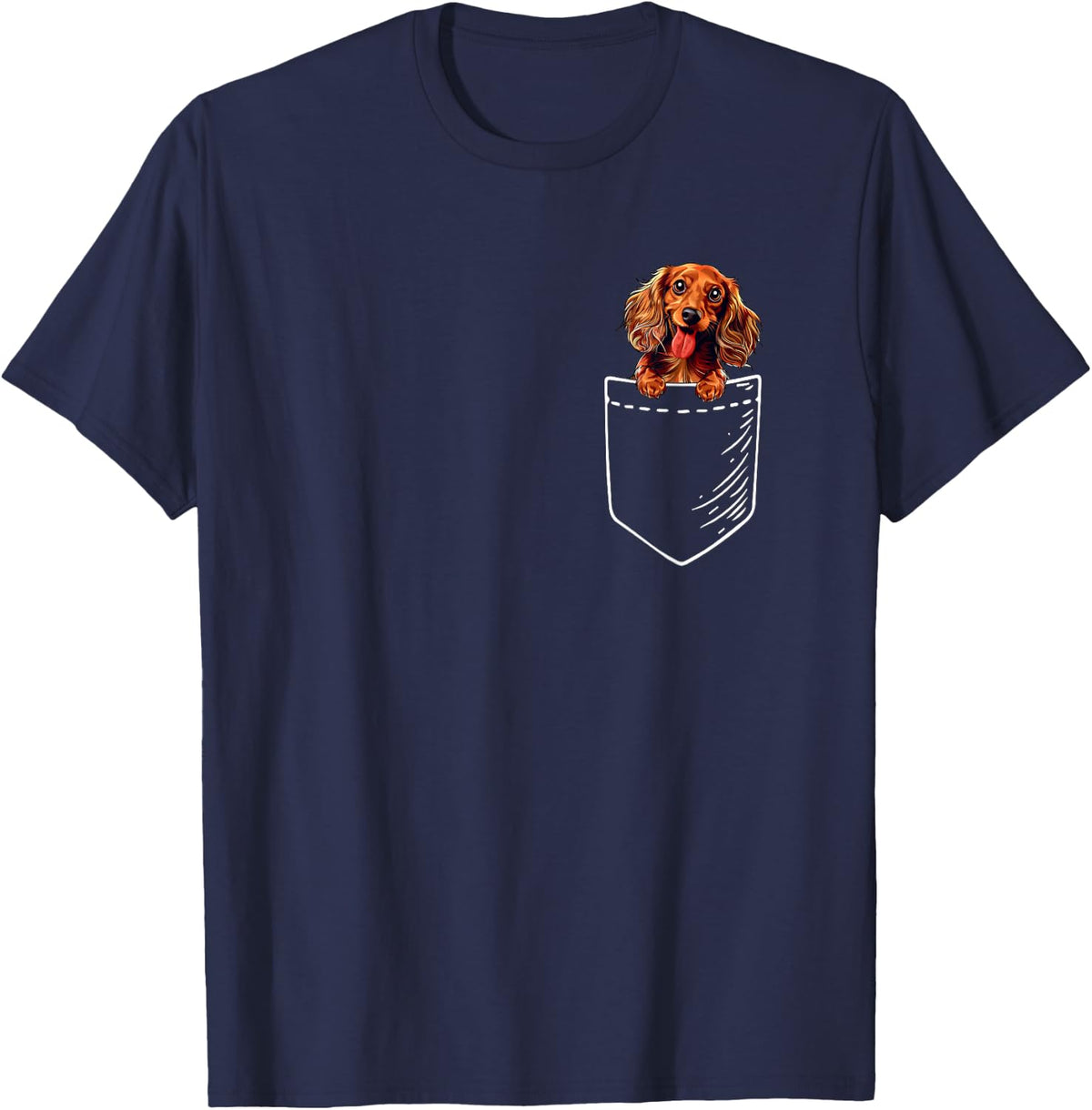 Cute Mens Womens Girls Pocket Long Haired Dachshund Lover T-Shirt - Navy Blue