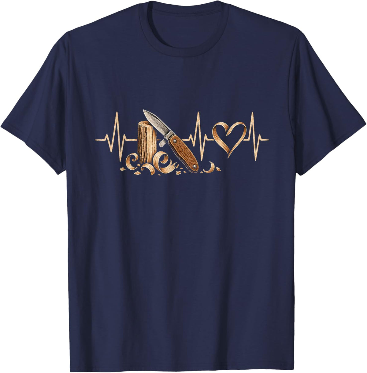 Whittling Heartbeat Wood Carving Design T-Shirt - Navy Blue
