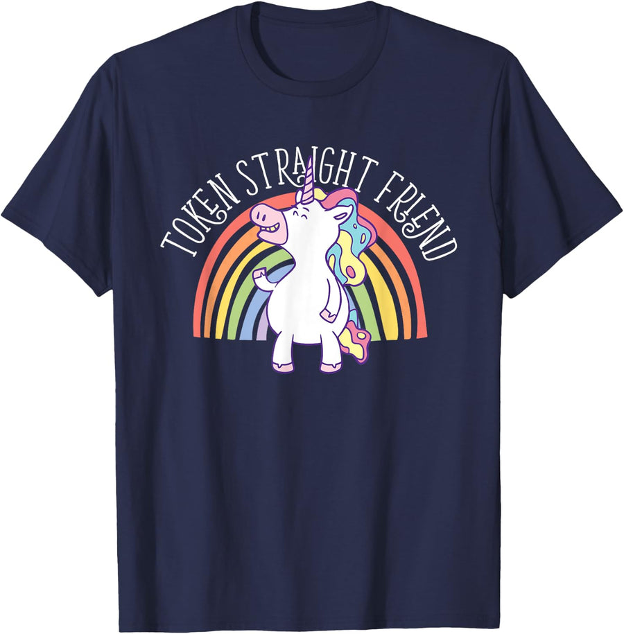 Token Straight Friend LGBTQ Ally Gay Pride Rainbow Unicorn T-Shirt - Navy Blue