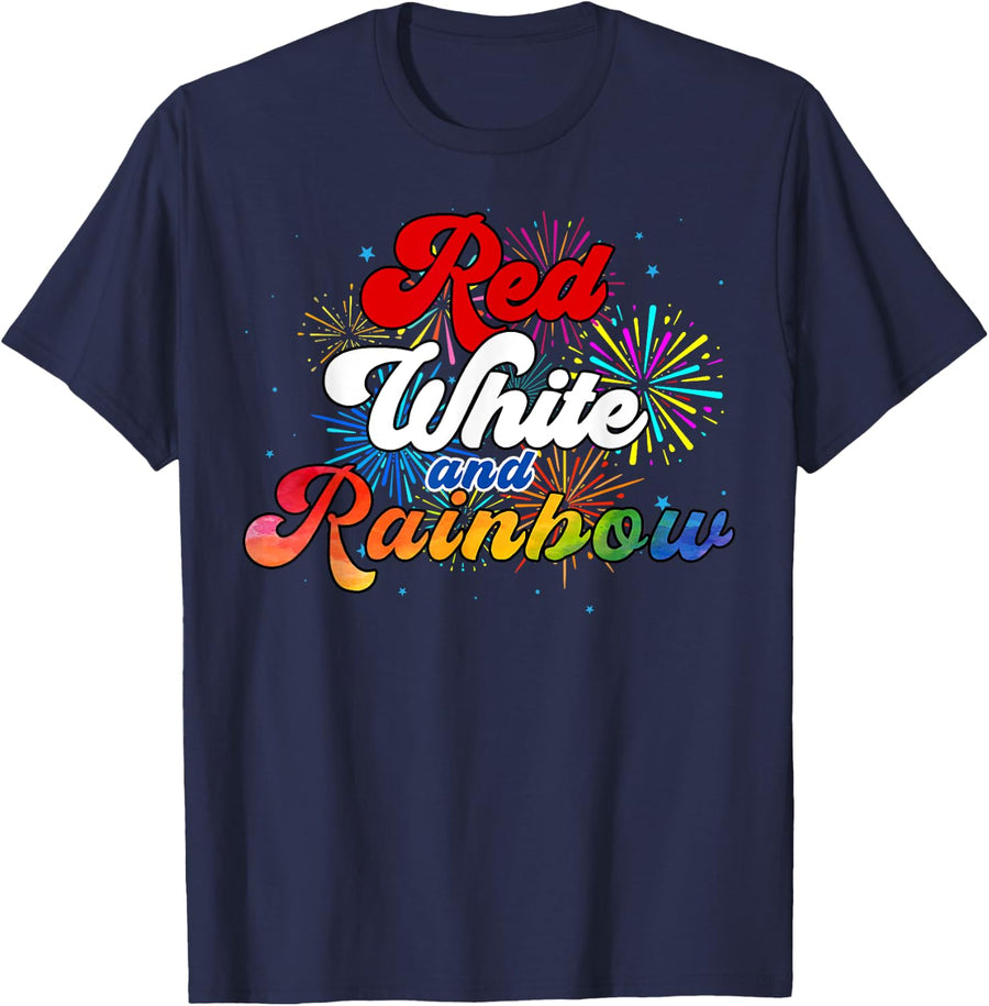 Red White And Rainbow LGBTQ Lesbian Gay Pride July 4th T-Shirt for Women Men - Navy Blue