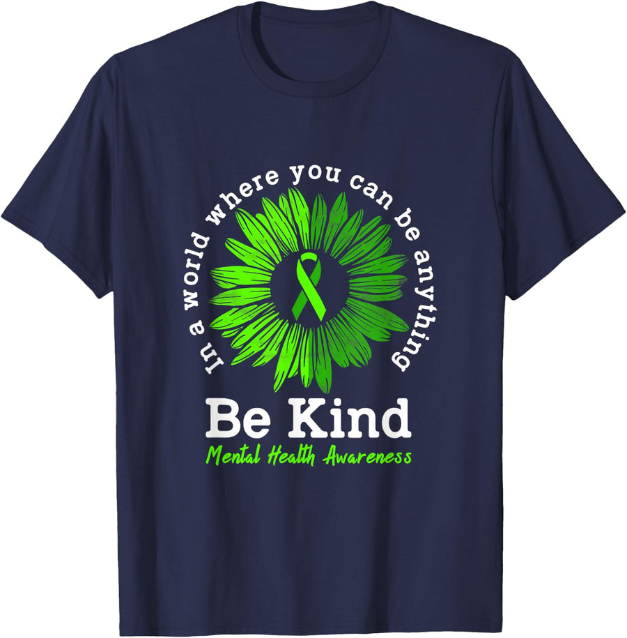 Mental Health Awareness Month Be Kind Green Ribbon Sunflower T-Shirt - Navy Blue