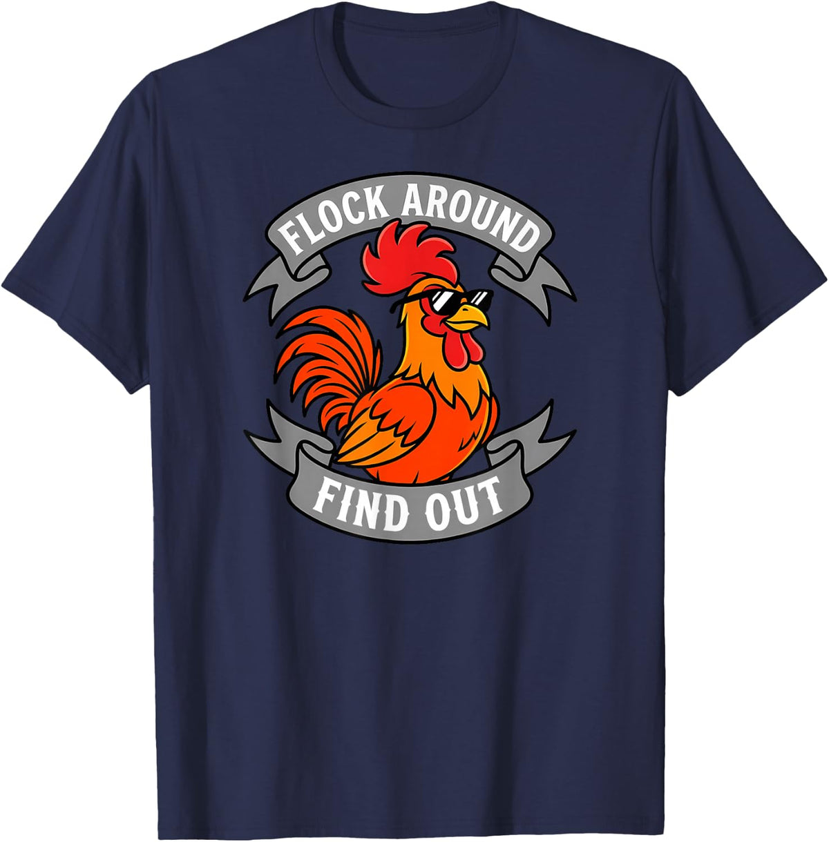 Rooster Flock Around Find Out Funny Chicken Farmer T-Shirt - Navy Blue