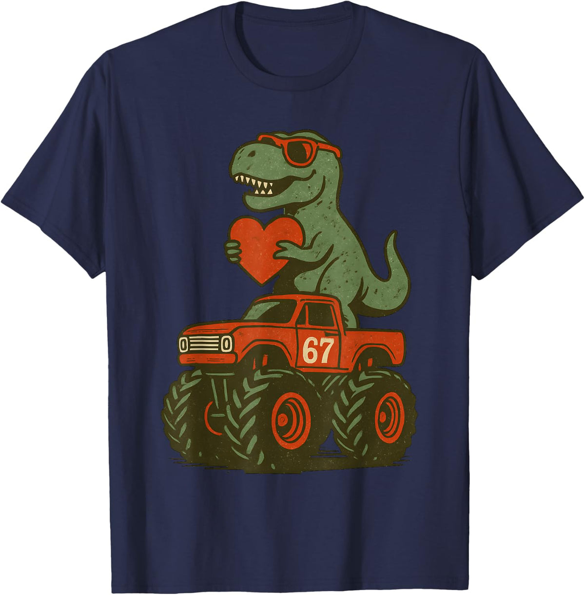 Valentines Day Trex 67 Meme Dinosaur 6 7 Dino Riding Truck T-Shirt - Navy Blue
