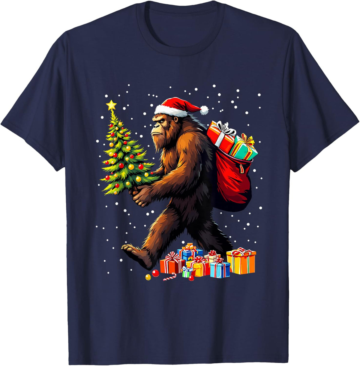 Ugly Xmas Sweater Outfit Christmas Bigfoot Pajamas Sasquatch T-Shirt - Navy Blue
