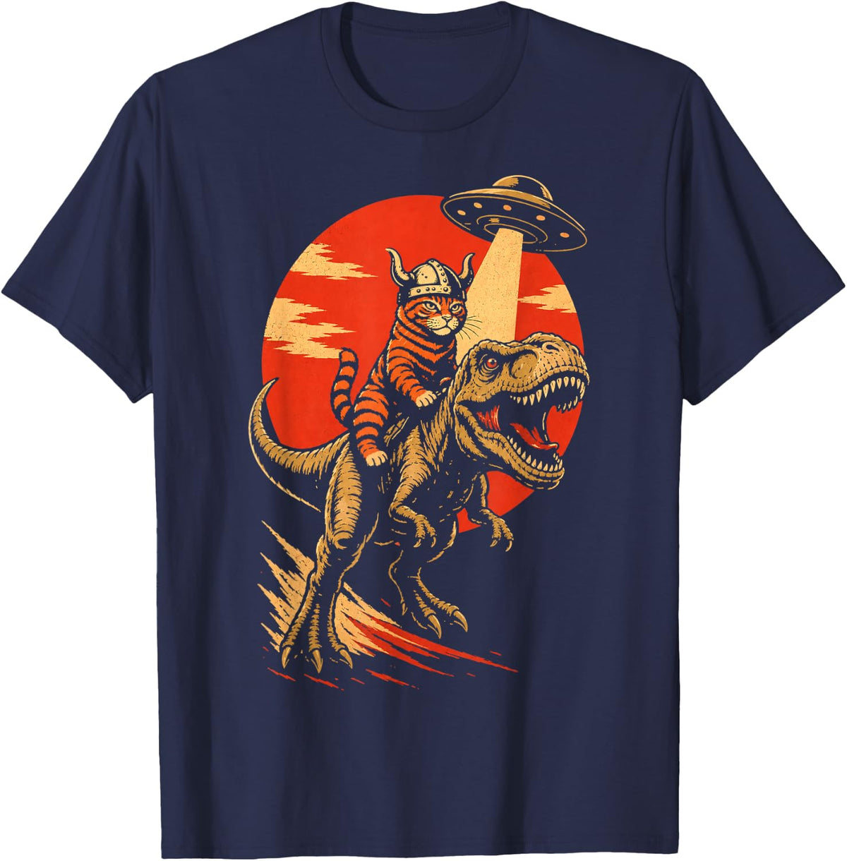 Viking Cat Riding Dinosaur - Humorous UFO Abduction T-Shirt - Navy Blue
