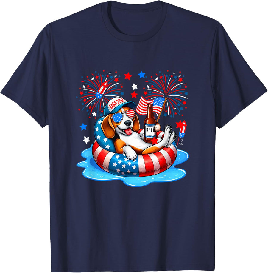 Beagle Sunglasses Drinking Beer 4th July US Flag Patriotic T-Shirt - Navy Blue