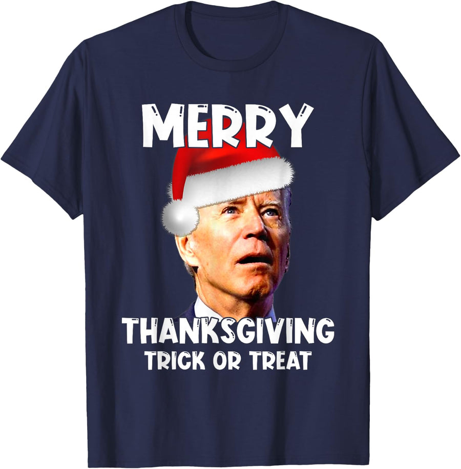 Funny Joe Biden Santa Hat Merry Thanksgiving Christmas T-Shirt - Navy Blue