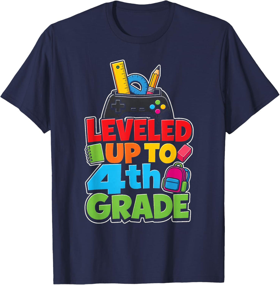 4th Grade Leveled Up Gamer Elementary School Kids Gift T-Shirt - Navy Blue
