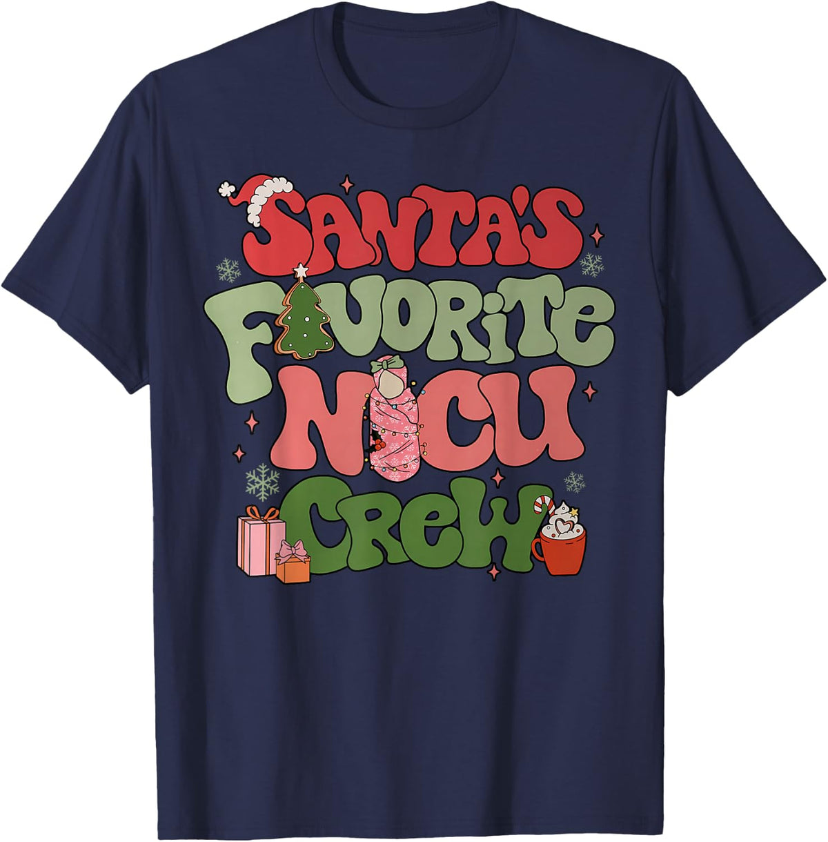Retro Groovy Santa's favorite Nicu Crew Nurse Neonatal ICU T-Shirt - Navy Blue