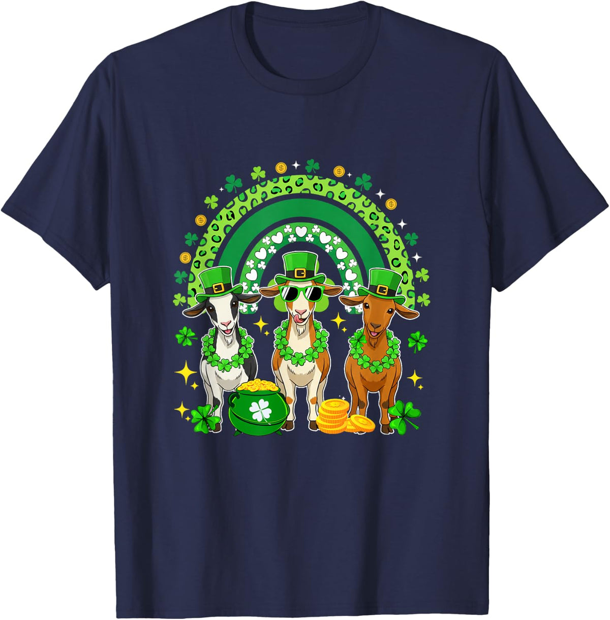 Three Cute Goats St. Patrick's Day Shamrocks Rainbow T-Shirt - Navy Blue