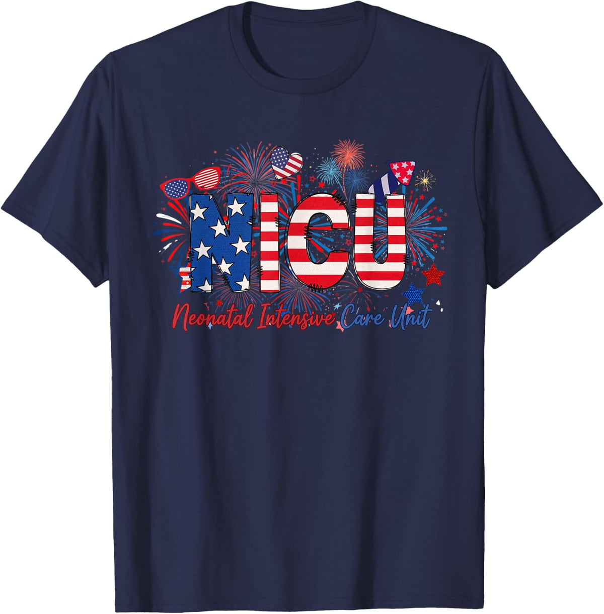 Patriotic American Flag Funny Nicu Nurse 4th of July T-Shirt - Navy Blue