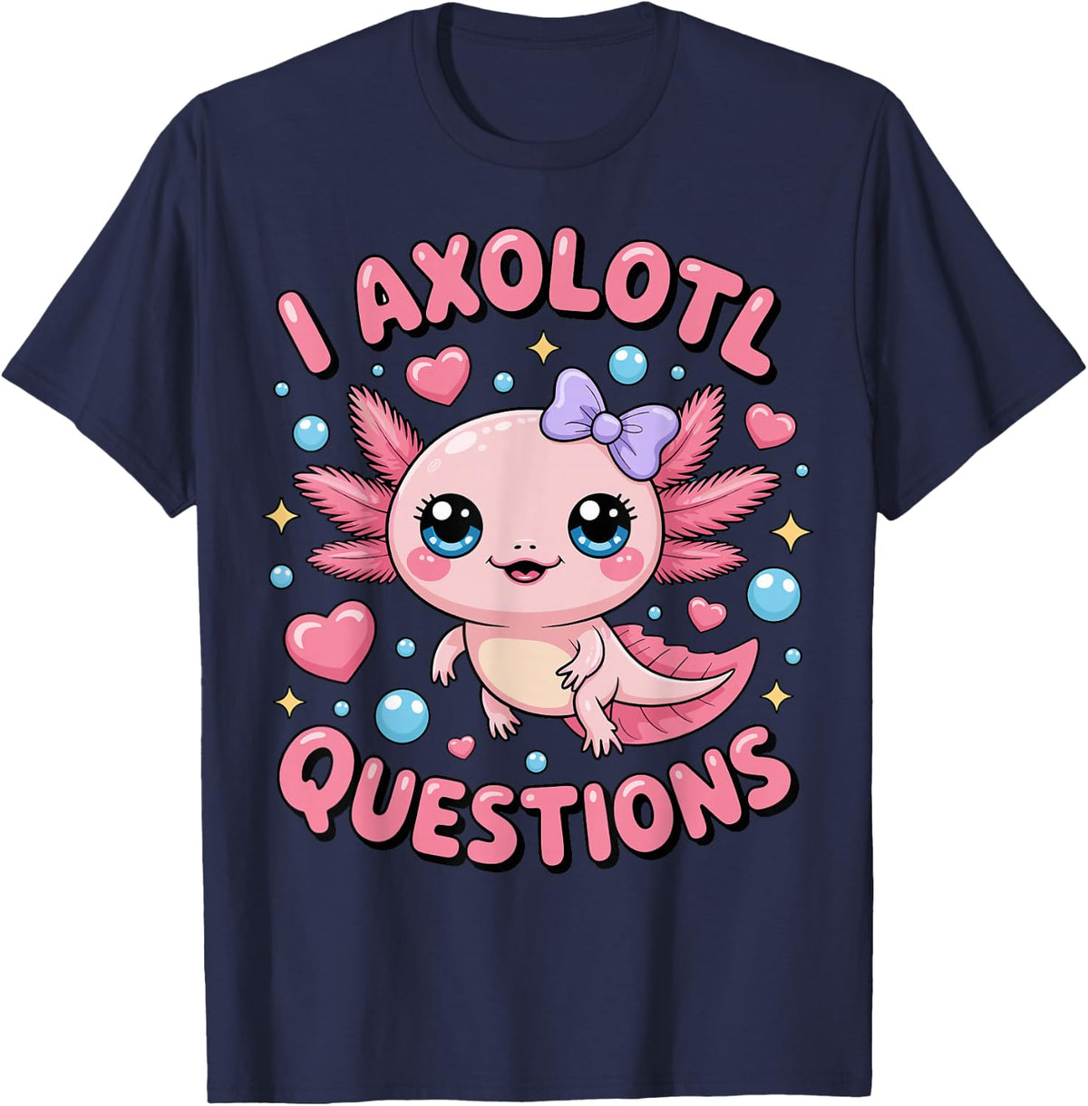 Girls I Axolotl Questions Coquette Bow Axolotl Kawaii Tee T-Shirt - Navy Blue