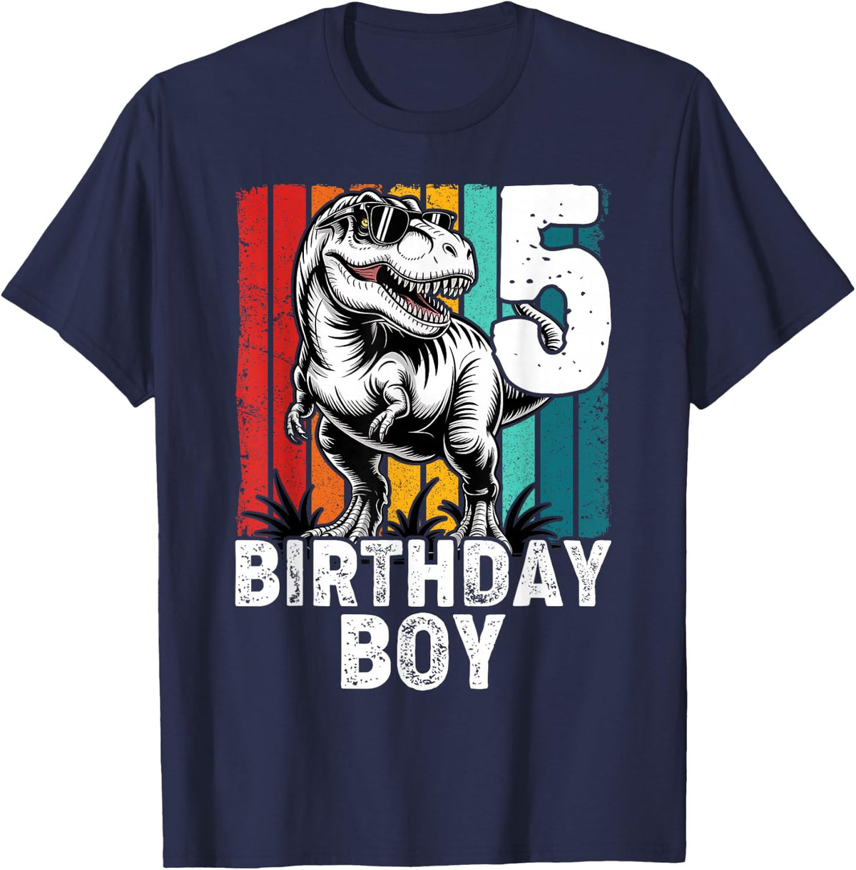 Kids 5 Year Old 5th Birthday Boy T Rex Dinosaur T-Shirt - Navy Blue