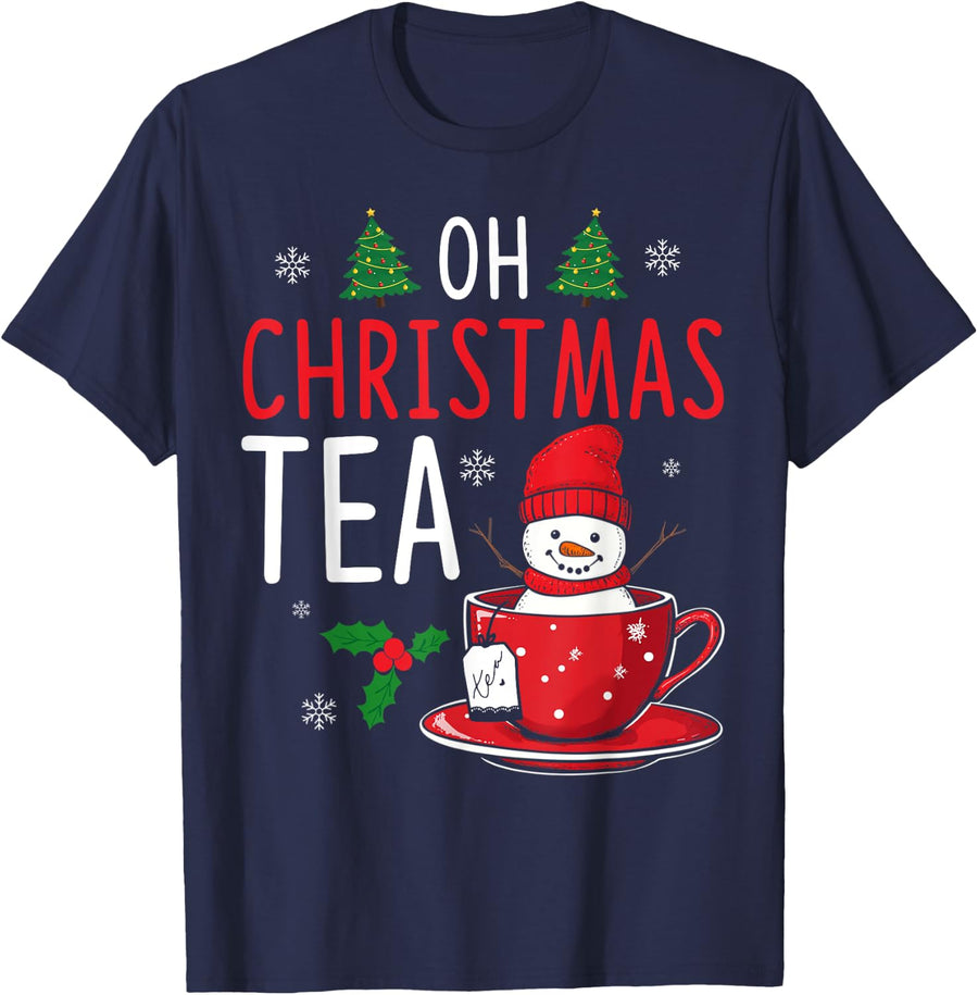 Oh Christmas Tea - Tea Lover Xmas Holiday Ugly Sweater T-Shirt - Navy Blue