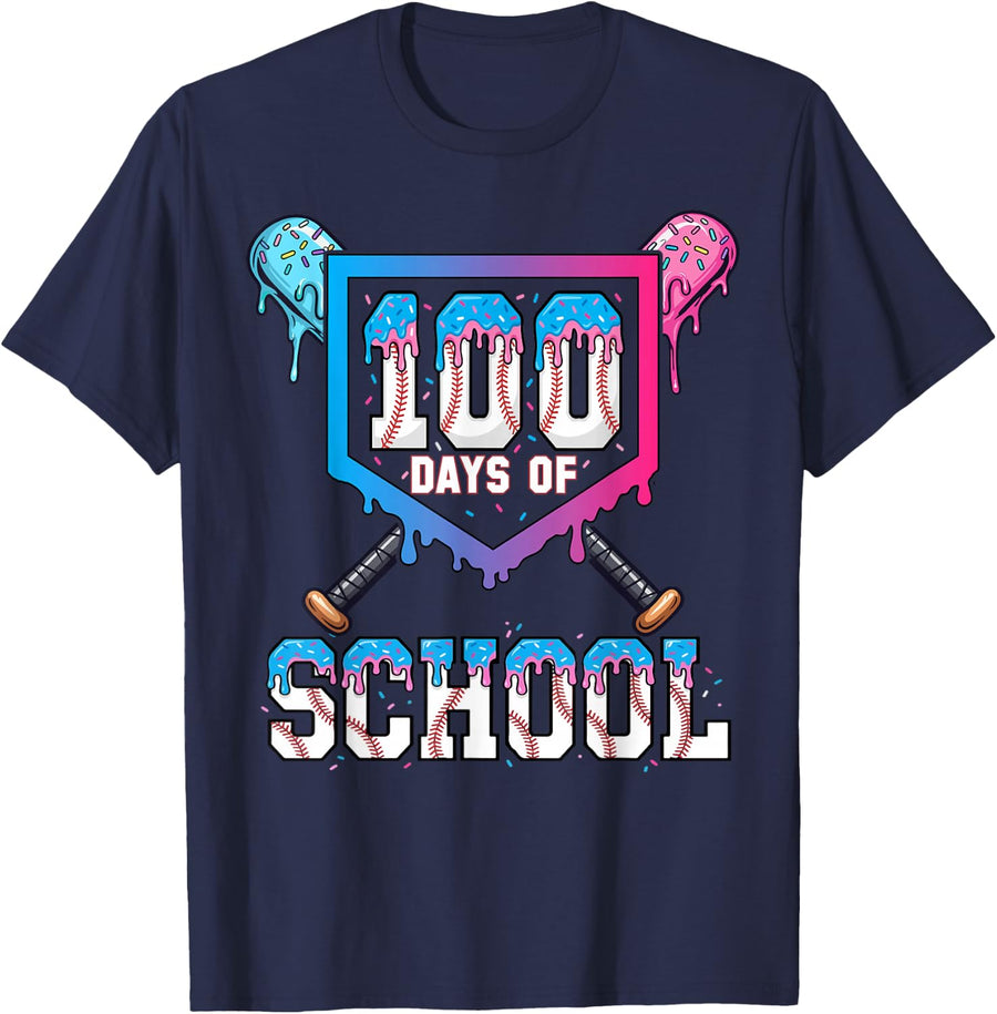 100 Days of School Baseball Ice Cream Drip 100th Day Boys T-Shirt - Navy Blue