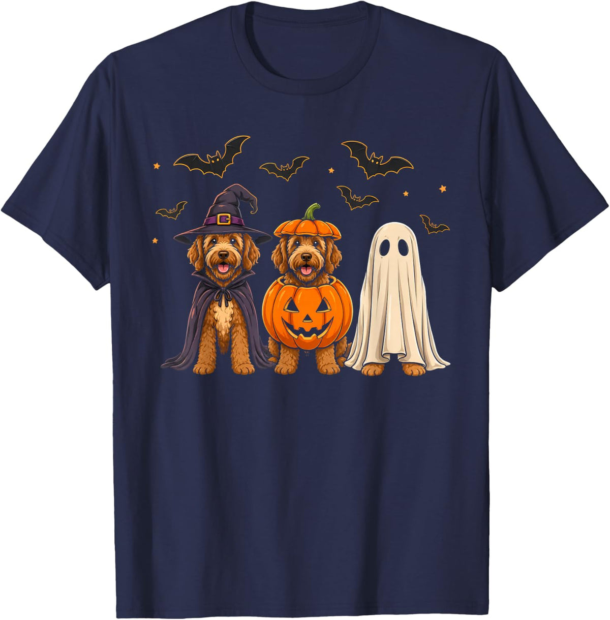 Spooky Ghost Goldendoodle Witch Pumpkin Bats Halloween Dogs T-Shirt - Navy Blue