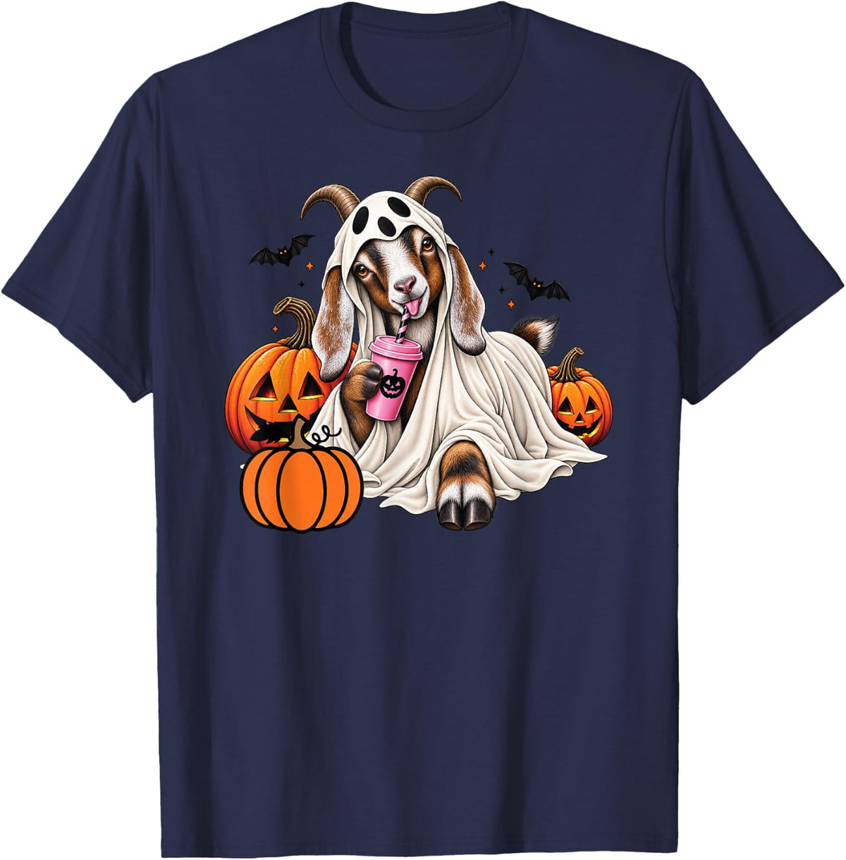 Cute Goat Ghost Halloween T-Shirt - Navy Blue