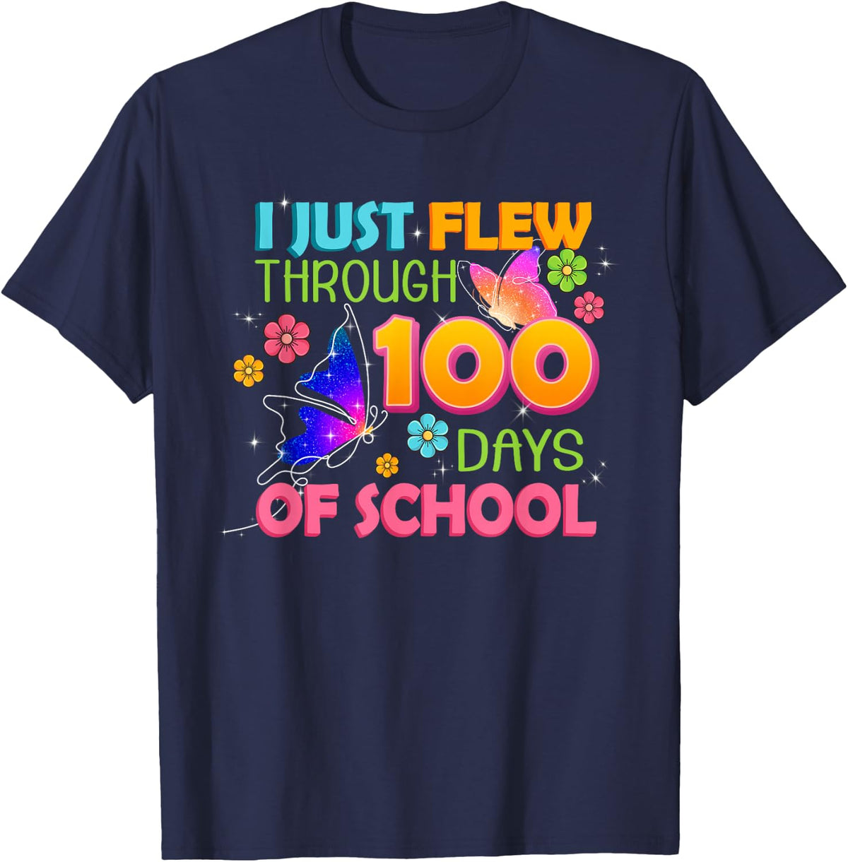 I Just Flew Through 100 Days of School Butterfly Tee T Shirt Girls Kids Boys - Navy Blue