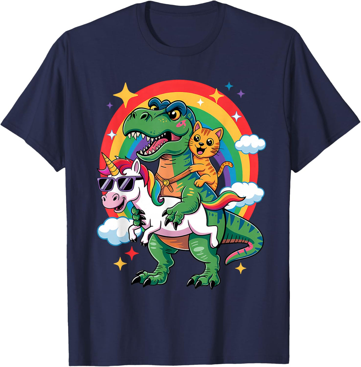Cute Animal Unicorn Cat Riding Dinosaur Rainbow Space Galaxy T-Shirt Tee for Kids Adults - Navy Blue