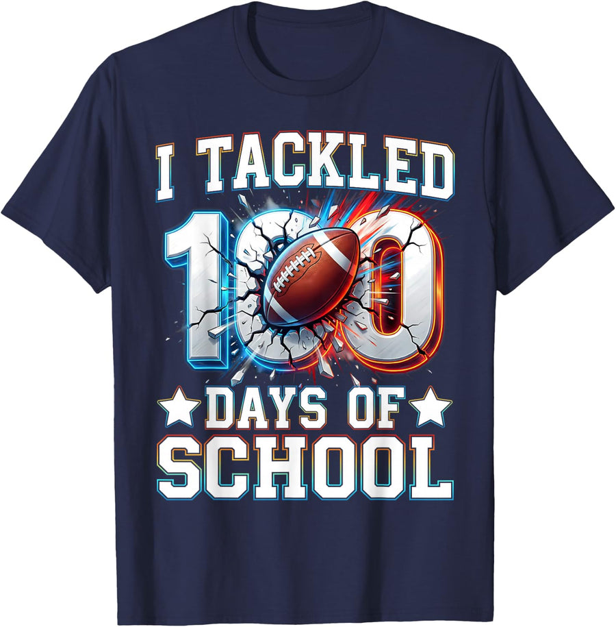 100 Days of School Shirt Boys Kids Football Tees T Shirts 100th Day Tee - Navy Blue