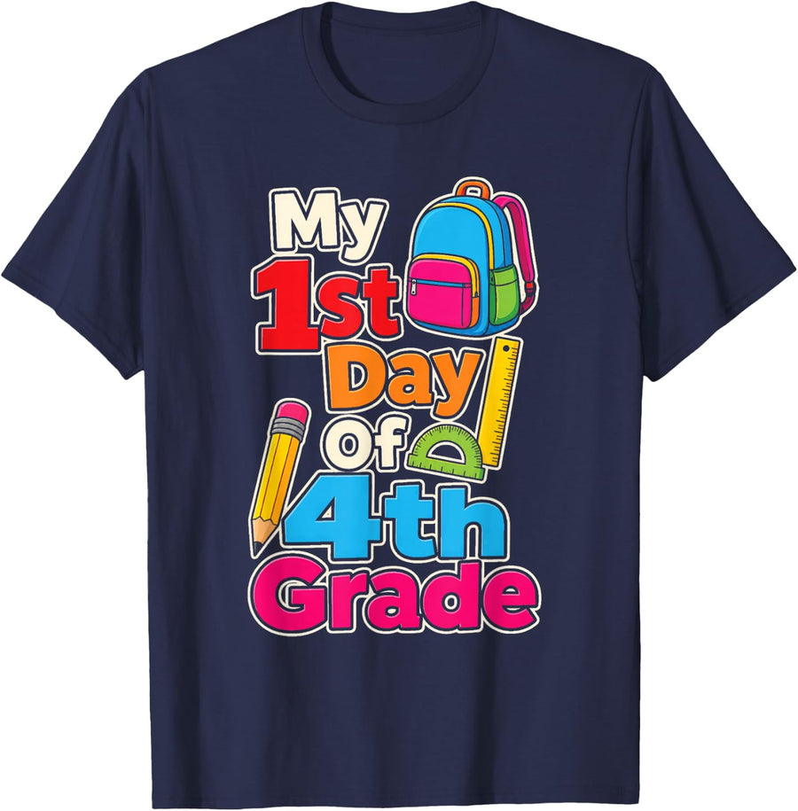 4th Grade My First Day of Elementary School Boys Girls T-Shirt - Navy Blue