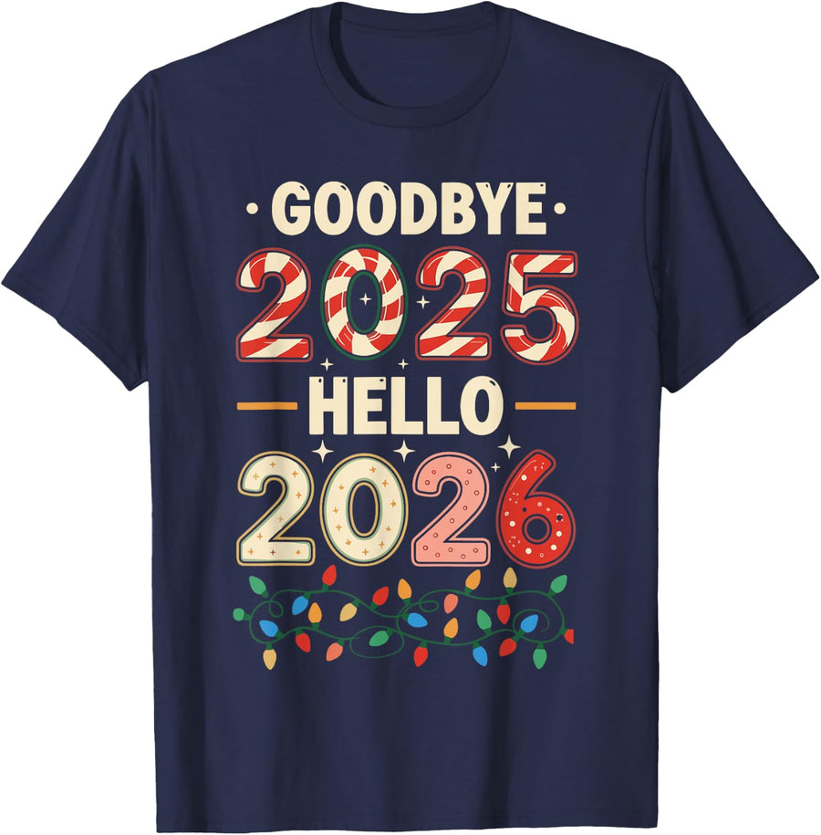 Family Christmas Shirts Matching 2025, Funny NYE Hello 2026 T-Shirt - Navy Blue